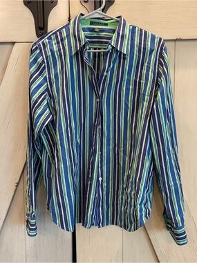 Ralph Lauren Men's Blue & Green Vertical Stripe Button-Down Shirt
